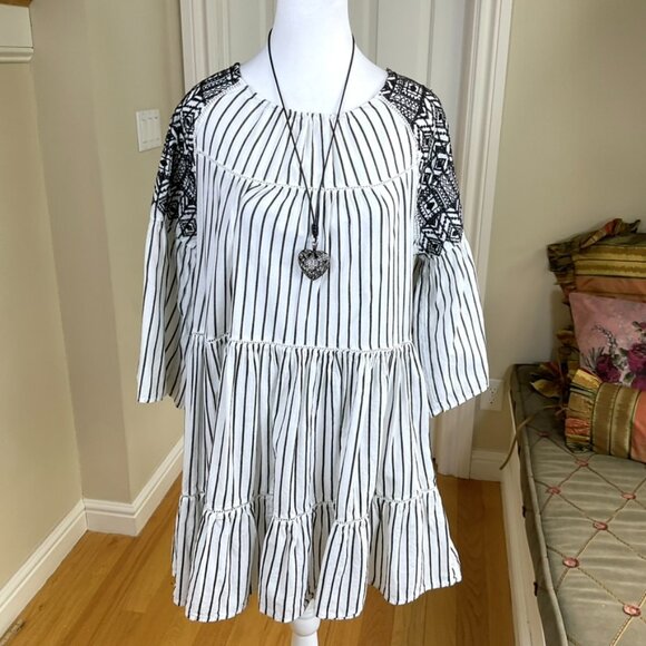 Free People Dress Lola Babydoll Embroidered Striped Mini Black White (S) - Picture 2 of 8
